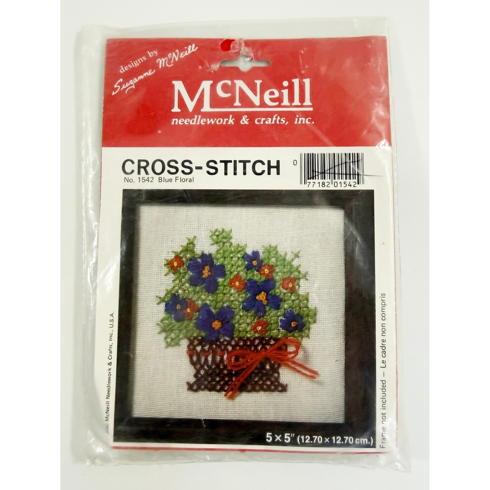 McNeill Cross Stitch Kit Unisex 5x5 Blue Floral Basket Vintage Craft No 1542
